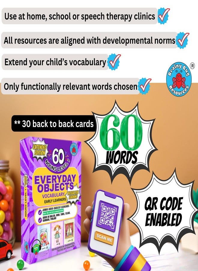 Brainy Bug Resources Flashcards with App-Enabled Audio Feature | 60 Everyday Objects Level 1 | Nouns | Audio in Hindi, English, Punjabi, Tamil, Kannada, Telugu | Spoken English | Special Needs Kids - Image 4